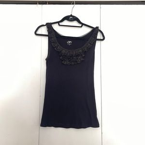 Ann Taylor Loft black tank top with frilly gold sparkle around neck line.